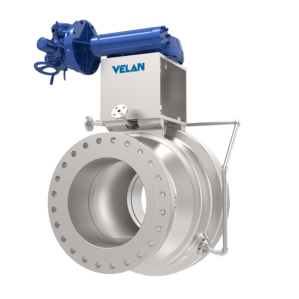 A large industrial metal valve with flanged ends and a blue actuator mounted on top, labeled "VELAN," designed for controlling the flow of fluids in pipelines.