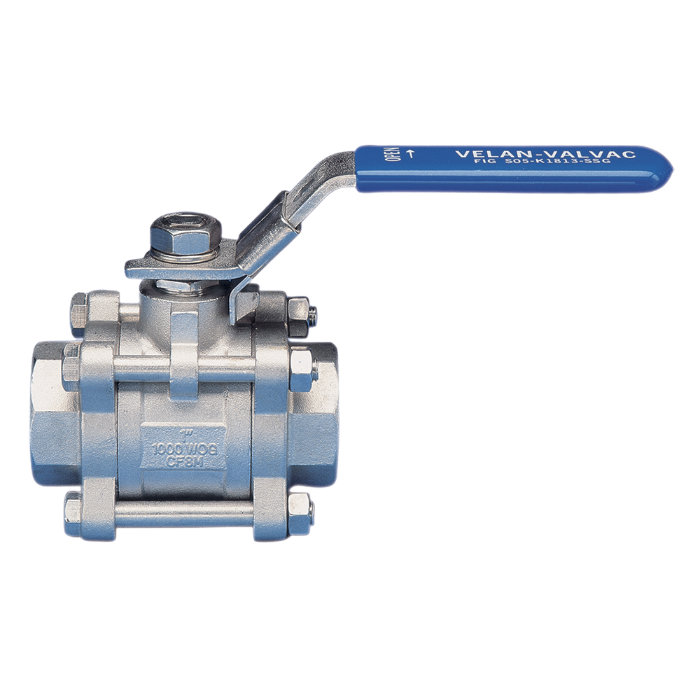 A stainless steel ball valve with a blue lever handle labeled "VELAN VALVAC." The valve body is marked "1000WOG CF8M." The valve is shown against a white background.