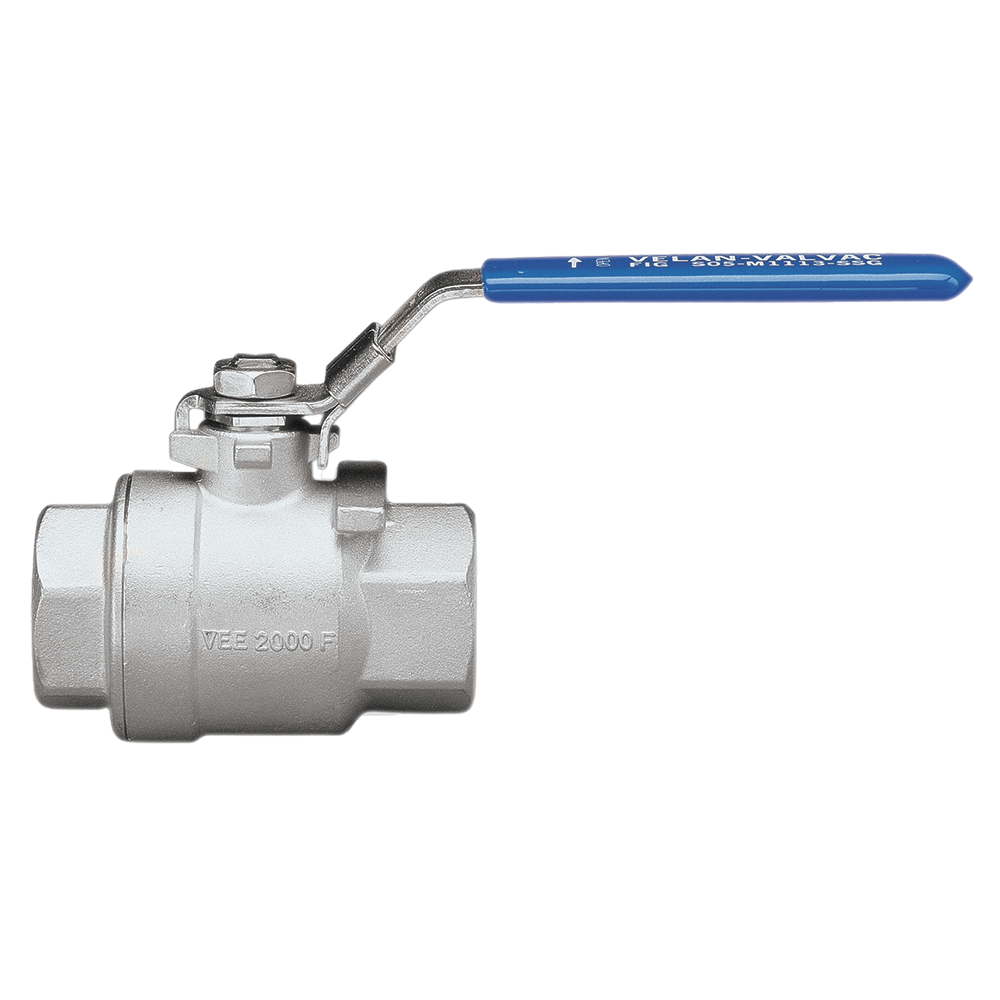A metallic ball valve with a blue lever handle, marked "VEE 2000 F" on its body, designed for pipe connection and fluid control. The handle is positioned horizontally.