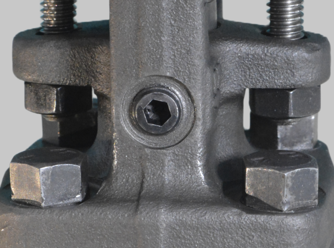 Close-up of an industrial metal component with bolts, a central hex key socket, and dark textured surface. The setup suggests it's part of a larger mechanical assembly.
