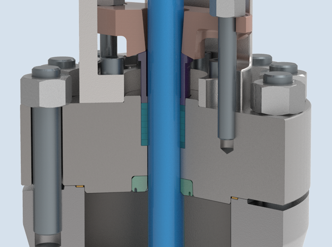 A close-up cutaway view of a mechanical device, showcasing interlocking metal components, bolts, and a central blue cylindrical rod. The intricate assembly reveals the interior structure and arrangement of parts.