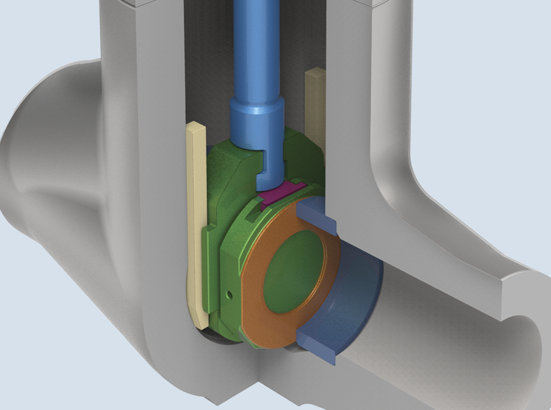 Cutaway illustration of a mechanical valve, showcasing internal components such as a cylindrical housing, colored moving parts, and seals. The design displays the functional structure and assembly of the valve's inner mechanisms.