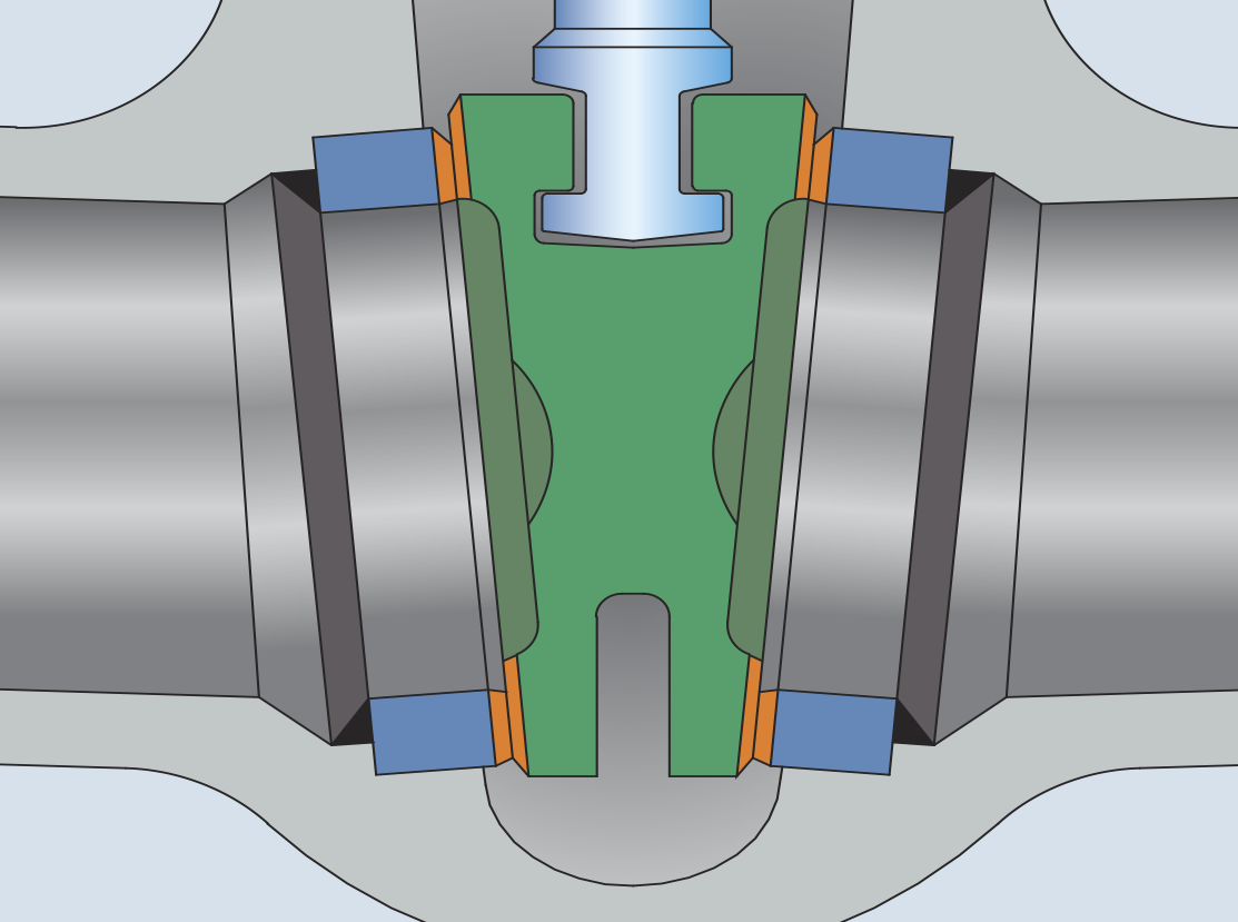 Illustration of a mechanical joint featuring two aligned metal pipes on either side. The pipes are connected with green centralized components and secured with blue and orange elements. This setup appears to be a cross-section view.