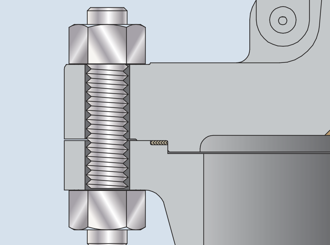 Close-up illustration of a mechanical component featuring a threaded bolt secured with a nut, attached to a flat surface. The scene shows detailed threading on the bolt, highlighting the connection between two metal parts.
