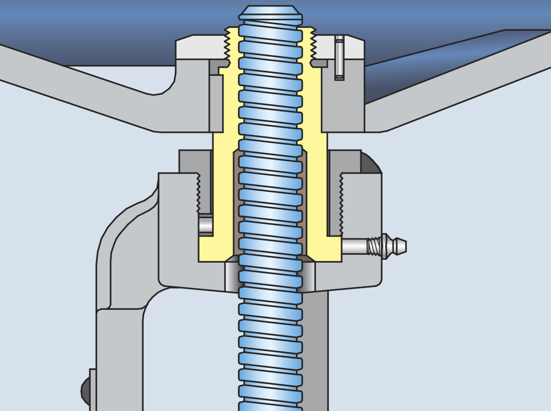 Illustration of a cross-sectional view of a mechanical assembly, featuring a threaded blue rod passing through a yellow-nut component positioned between two metal structures. Bolts and screws are visible, highlighting a joint mechanism.