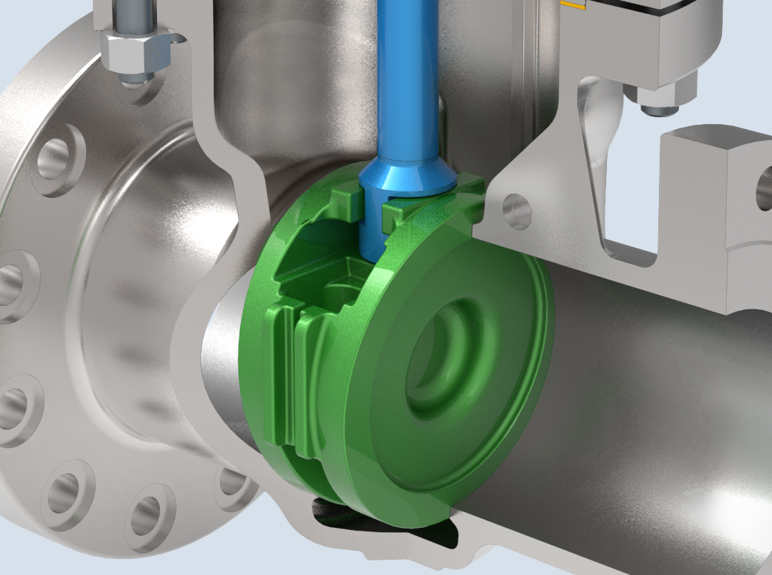 A detailed close-up of a valve mechanism, featuring silver metal components and a central blue shaft. A green circular component is prominently displayed in the center, illustrating the valve's internal structure and function.
