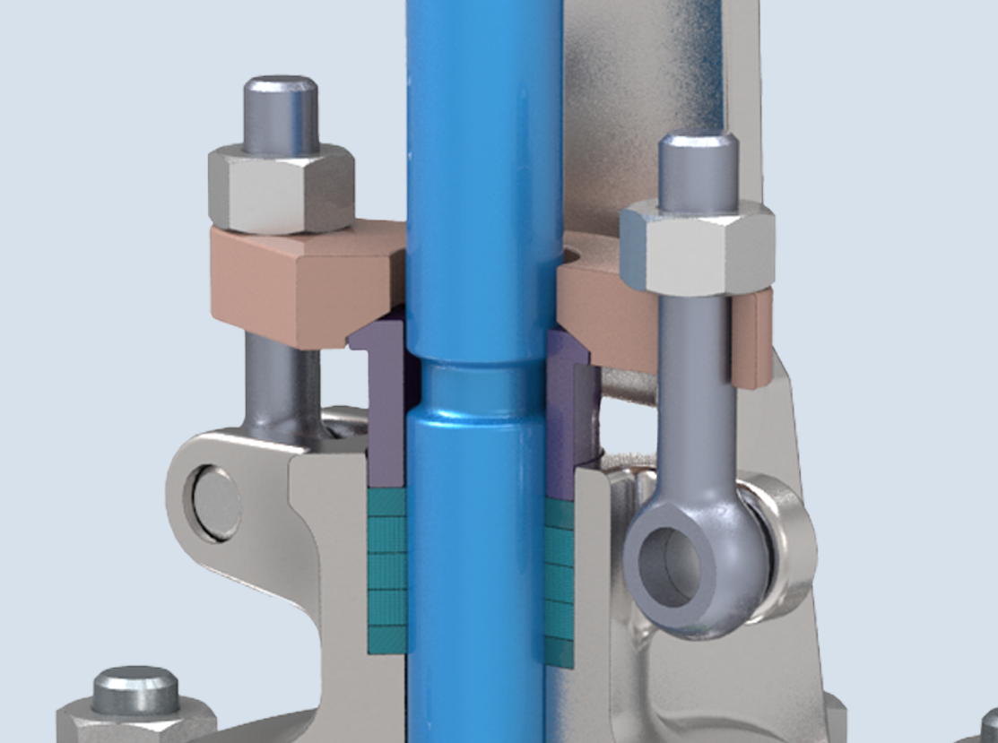 Close-up of a mechanical assembly featuring a blue cylindrical component held by gray metallic brackets and bolts. The assembly includes pink and purple cushioning elements, with a reflective surface visible on the right side.