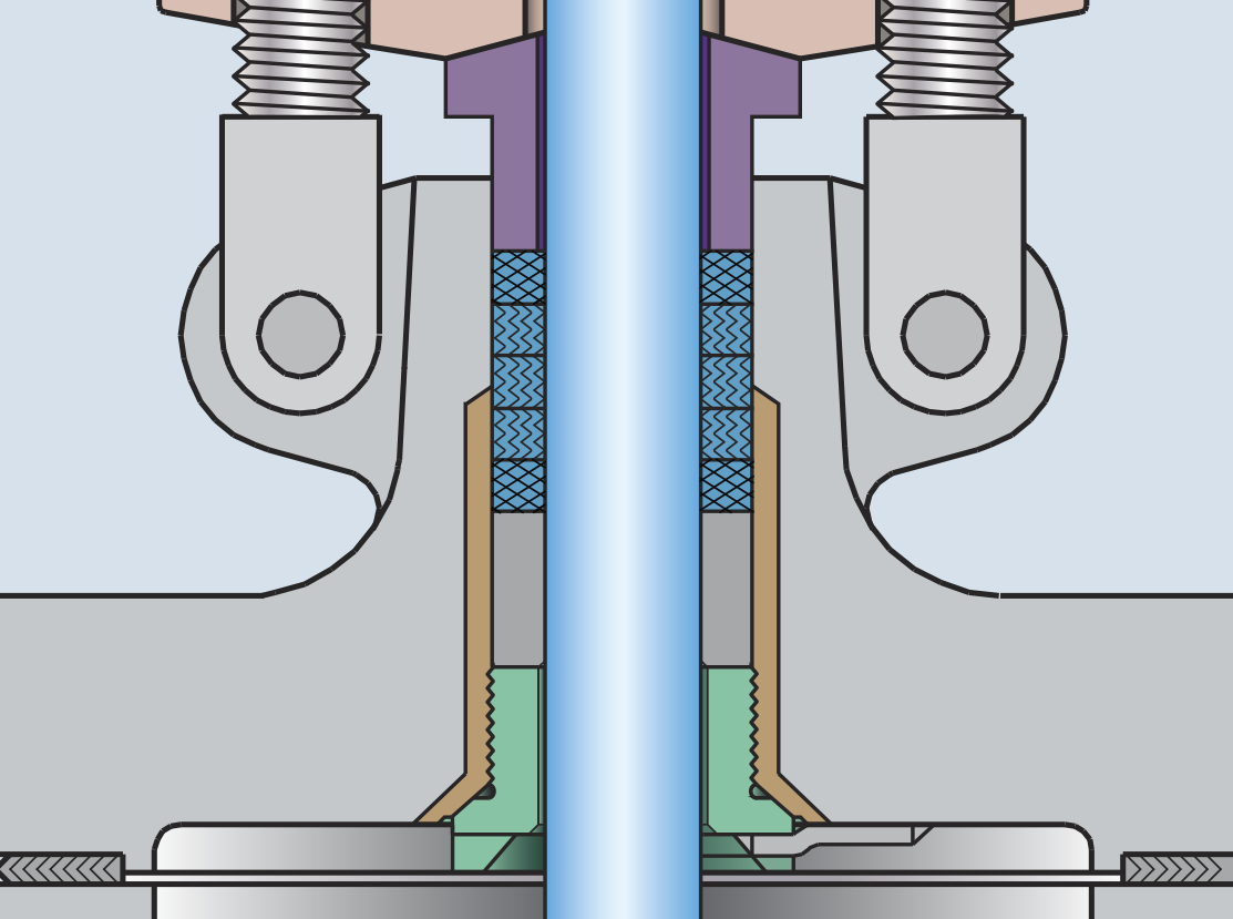 Schéma en coupe transversale d'un ensemble de garniture mécanique, montrant divers composants tels que des boulons, des bagues métalliques et des joints entourant un arbre central, illustrant la structure interne et la fonction du dispositif.