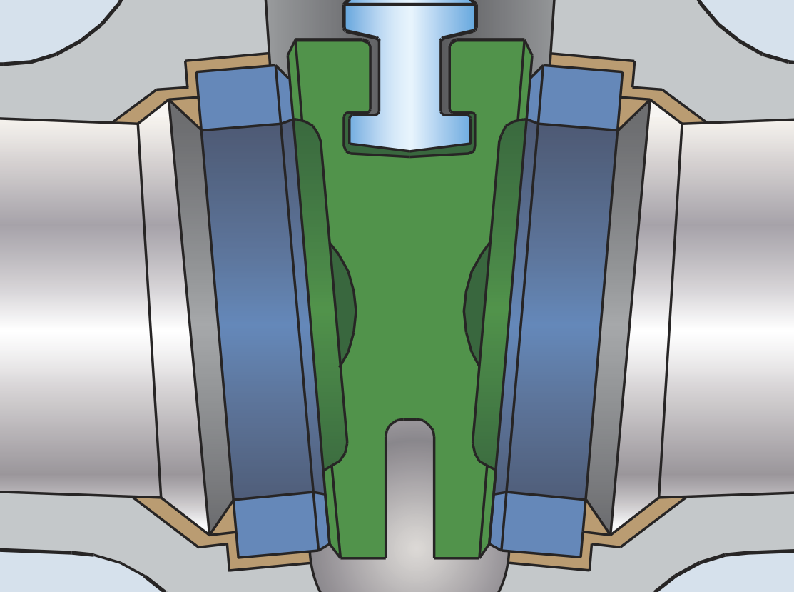 Schéma en coupe transversale d'un composant mécanique aux formes géométriques variées. La pièce centrale verte est flanquée d'éléments bleus et marron. La configuration semble illustrer l'assemblage de pièces au sein d'un dispositif.