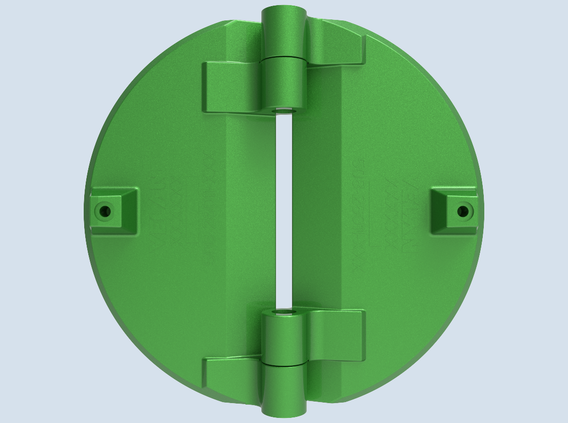 Un objet circulaire vert à charnières est affiché sur un fond bleu clair. L'objet possède deux charnières au centre et quatre trous de fixation, avec une conception symétrique.