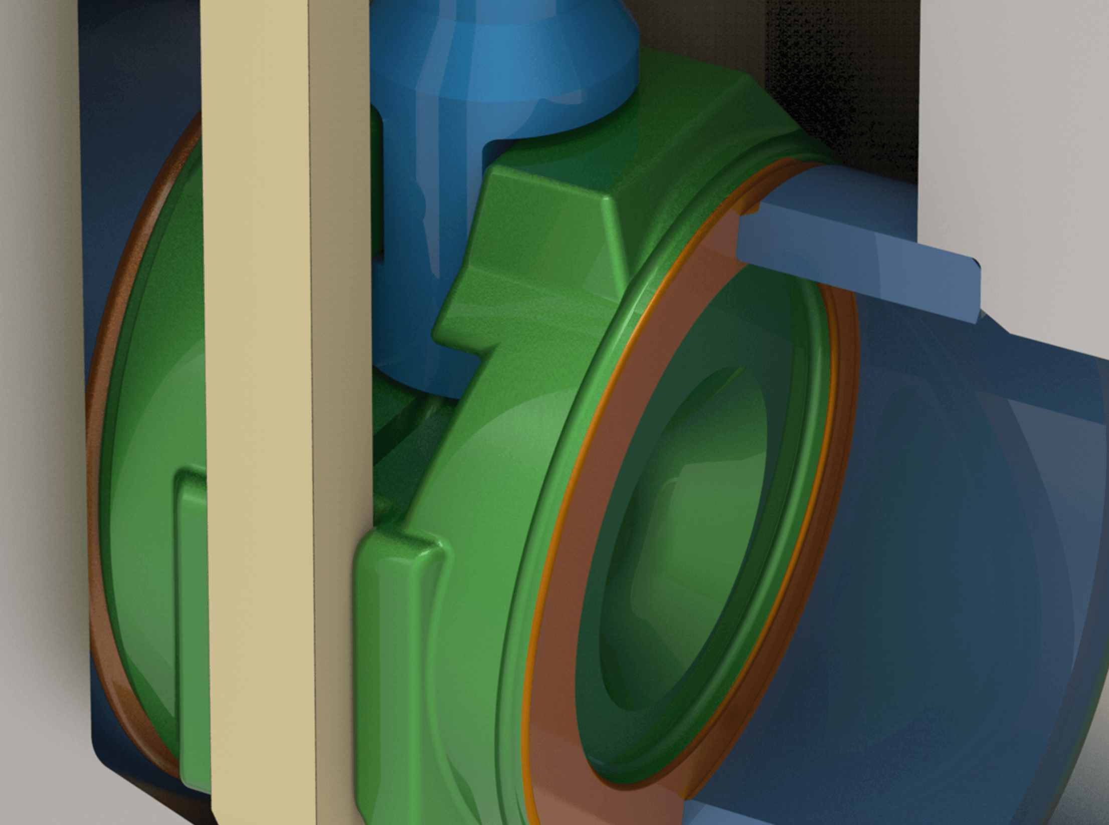 Rendu 3D d'un assemblage mécanique complexe composé de composants verts, bleus et beiges. Le design comprend des formes cylindriques et rectangulaires entrecroisées avec diverses textures, mettant en valeur la structure en couches du mécanisme.