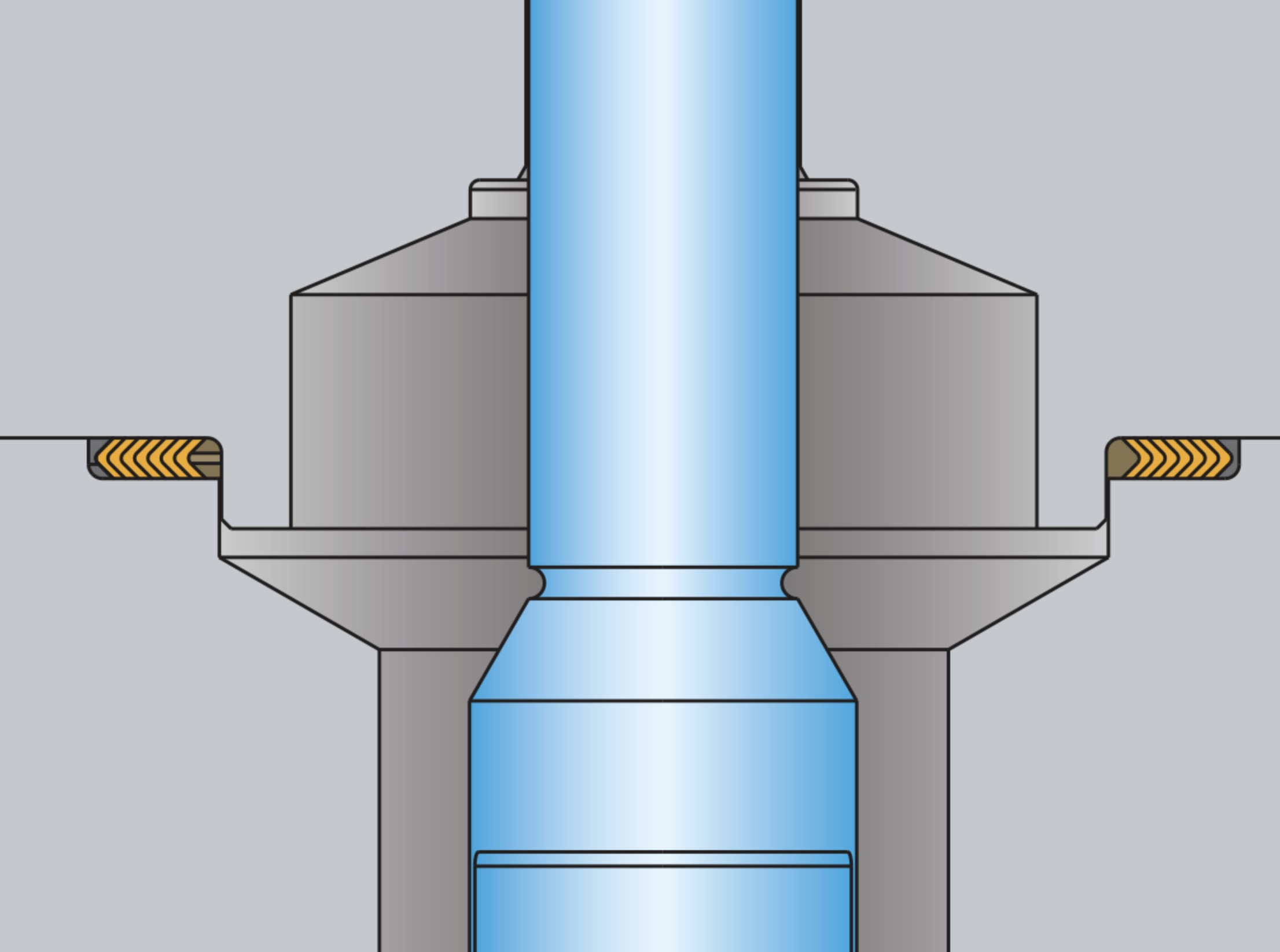 Illustration of a mechanical seal system with a blue shaft. The shaft is encircled by gray housing. Gold-colored springs are visible on either side, indicating tension in the assembly. The design shows a cross-sectional view of the components.