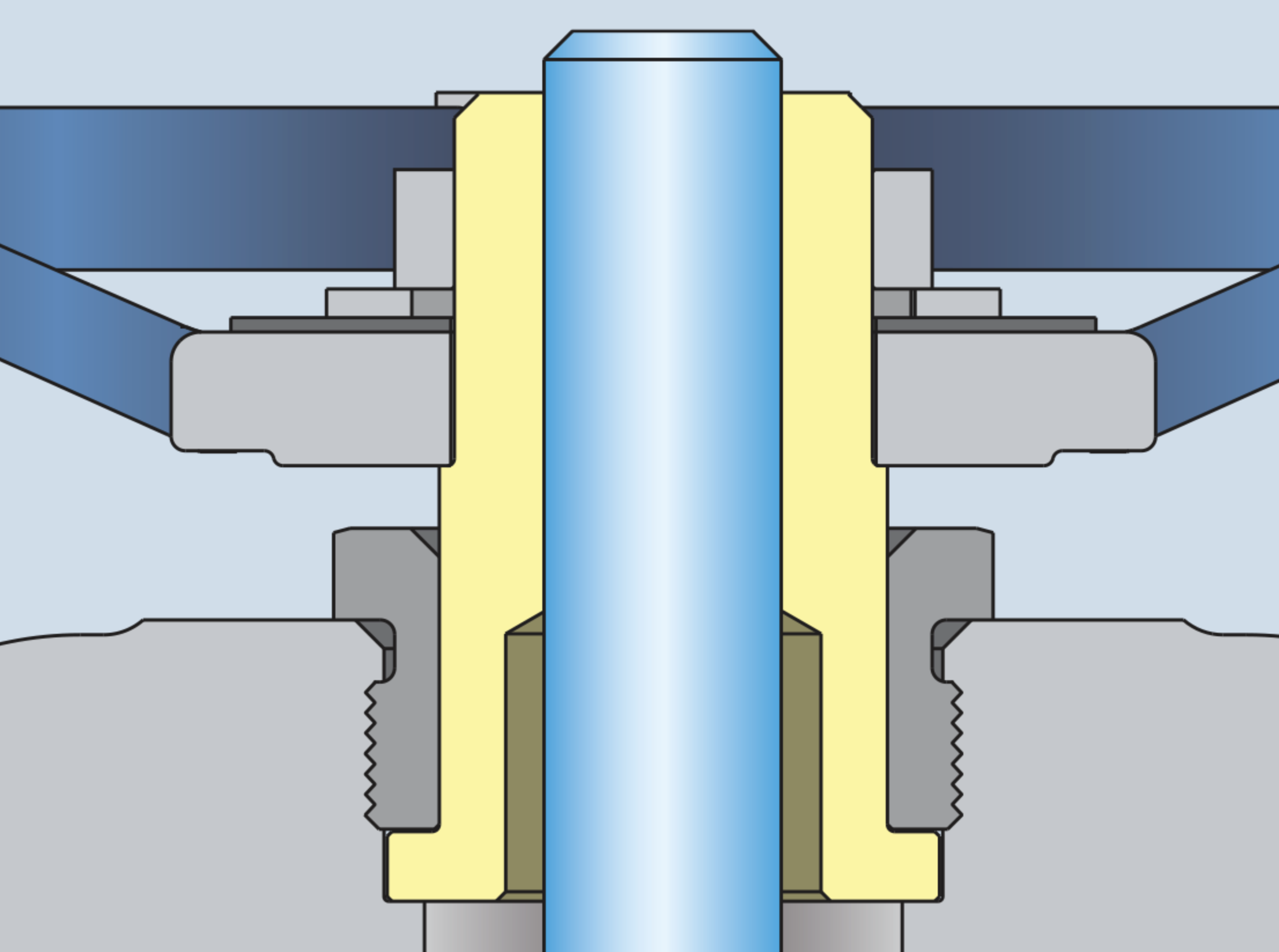 Illustration of a mechanical assembly showing a blue cylindrical shaft passing through a yellow housing with gray components and blue braces. The image highlights the structure and interaction of the parts within the assembly.