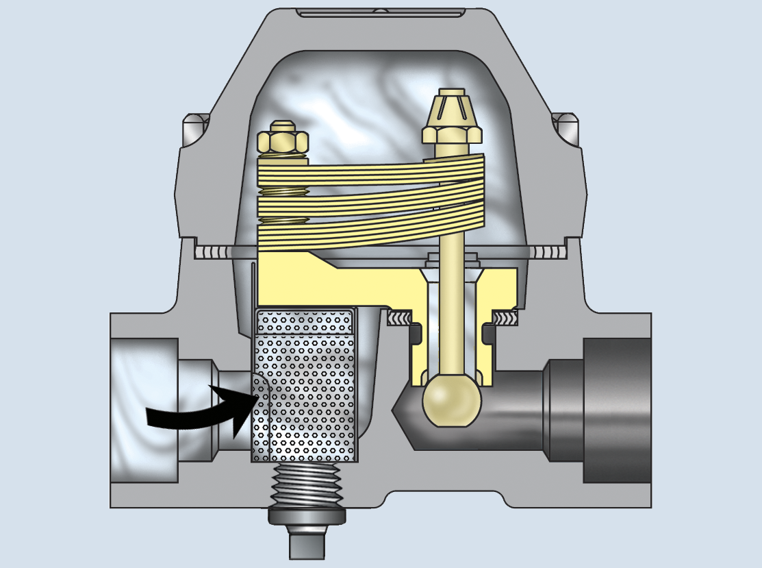Illustration of a mechanical device with internal components, including a coil spring, a metal ball, and various threaded parts. The device is sectioned to show its internal structure and functionality, with an arrow indicating fluid flow direction.