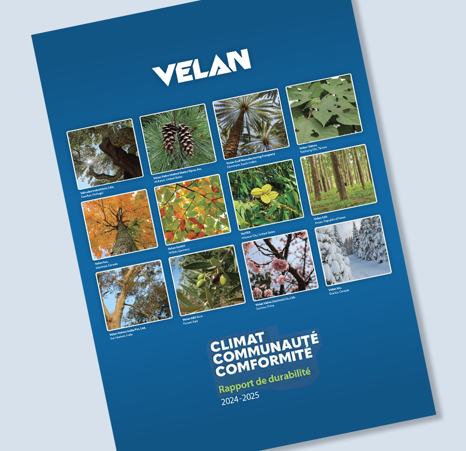 Une page de couverture bleue avec le titre "VELAN" et "Climat Communauté Conformité Rapport de durabilité 2024-2025", avec douze petites photos d'arbres, de feuilles, de fleurs et de scènes naturelles disposées en grille.