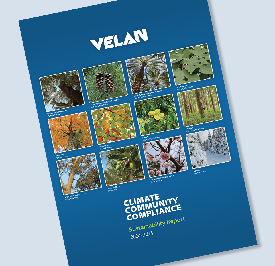 A blue report cover with the title "VELAN Climate Community Compliance Sustainability Report 2024-2025" and twelve small photos of trees, leaves, flowers, and forest scenes arranged in a grid.