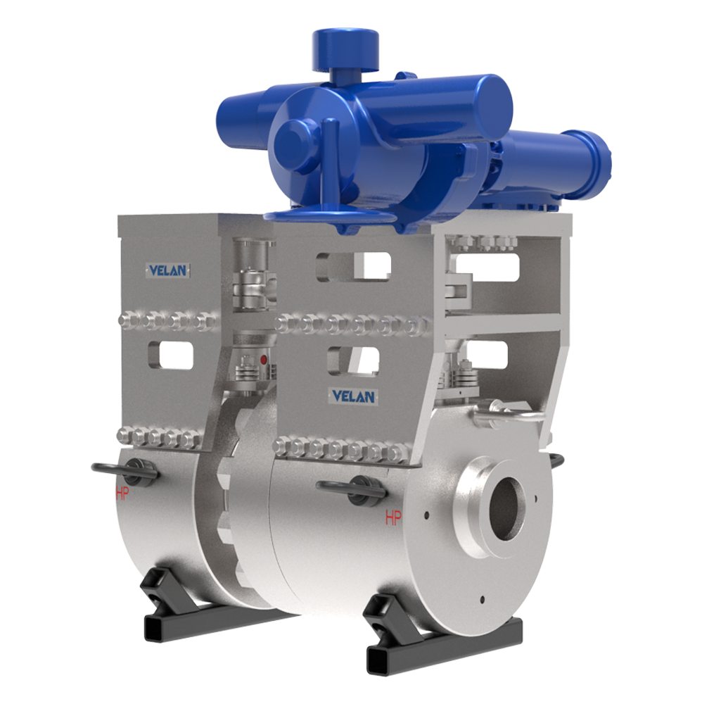 A large, industrial Velan valve features a silver metallic body with visible bolts and two wide cylindrical sections, topped with a blue actuator mechanism and labeled "VELAN" and "HP" in several places.