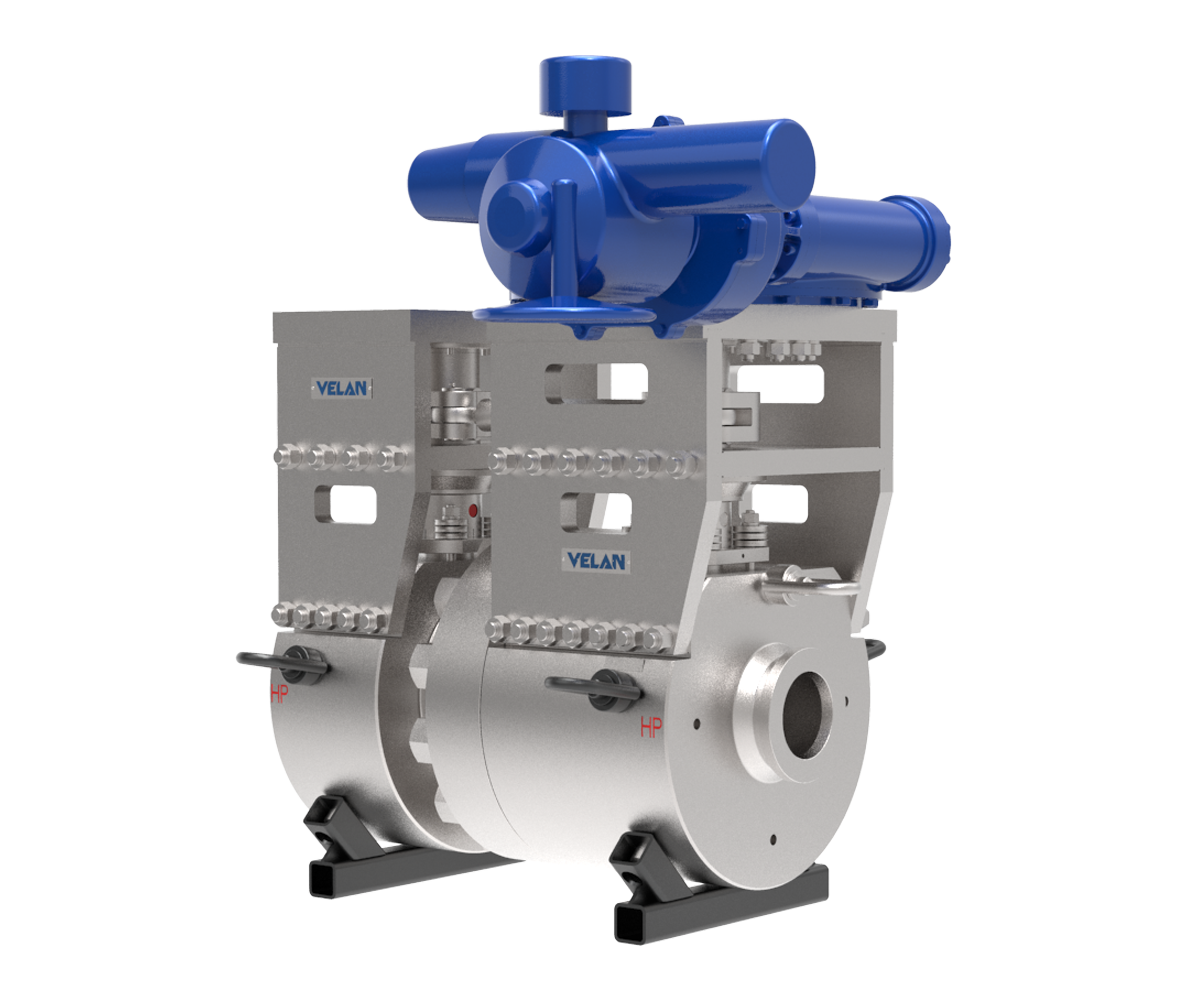 A large industrial valve with a metallic body and blue actuator mounted on top, labeled "VELAN." The valve features visible bolts and "HP" markings, and is supported by two black base stands.
