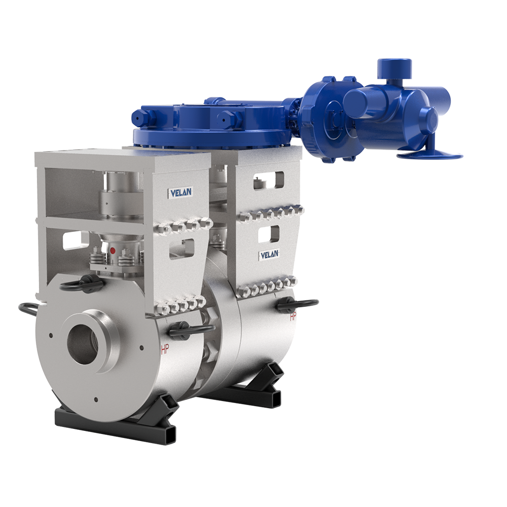 A metallic industrial valve with a silver body labeled "VELAN" and a large blue actuator mounted on top, designed for high-pressure applications. The valve has a cylindrical shape and bolted connections.