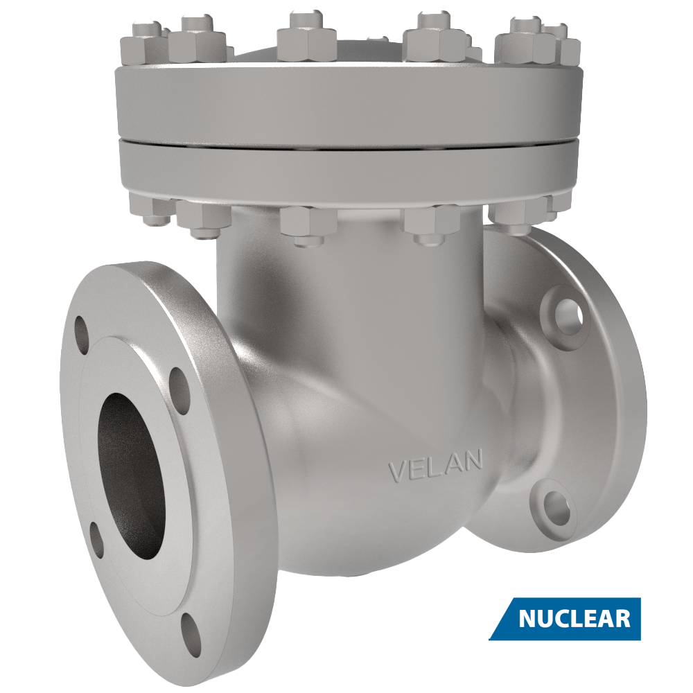 A metallic industrial check valve with flanged ends and bolts on the top. The word "VELAN" is engraved on the body, and a blue label reading "NUCLEAR" appears in the bottom right corner.