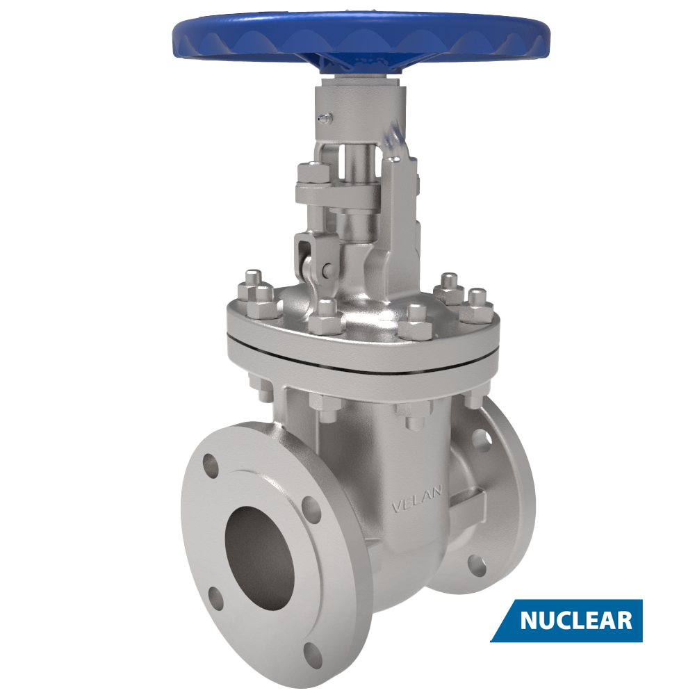 A metallic industrial gate valve with a blue handwheel and flanged ends, labeled "NUCLEAR" in the bottom right corner, indicating its use in nuclear applications.