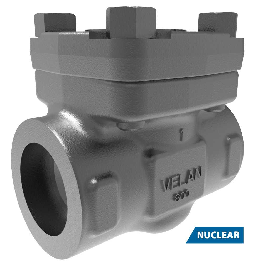 A metallic Velan 800 check valve with a bolted cover and a cylindrical opening, labeled "NUCLEAR" in a blue box at the bottom right corner.