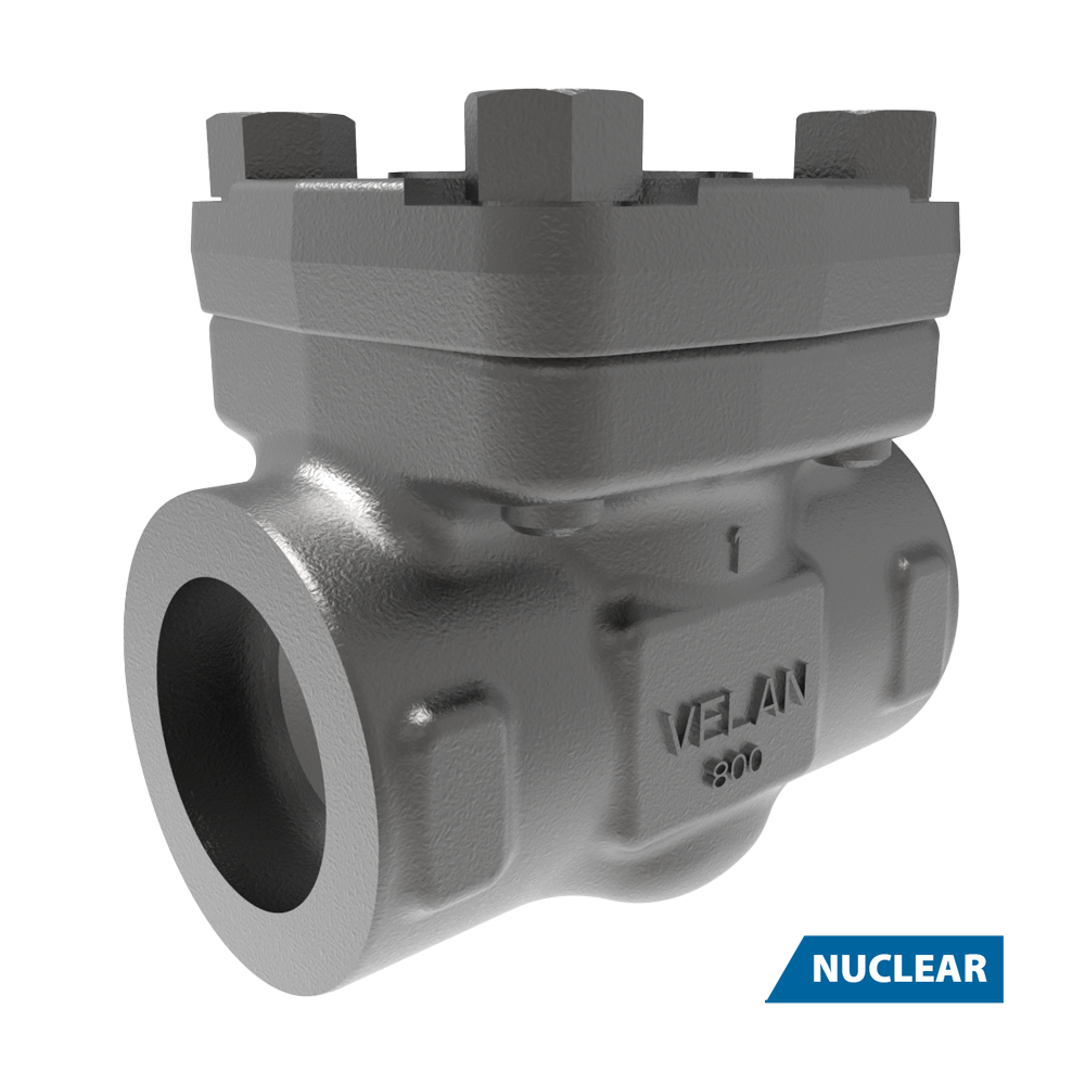 A metallic industrial check valve with a bolted cover and the brand name "VELAN 800" embossed on its side; a blue label in the corner reads "NUCLEAR.