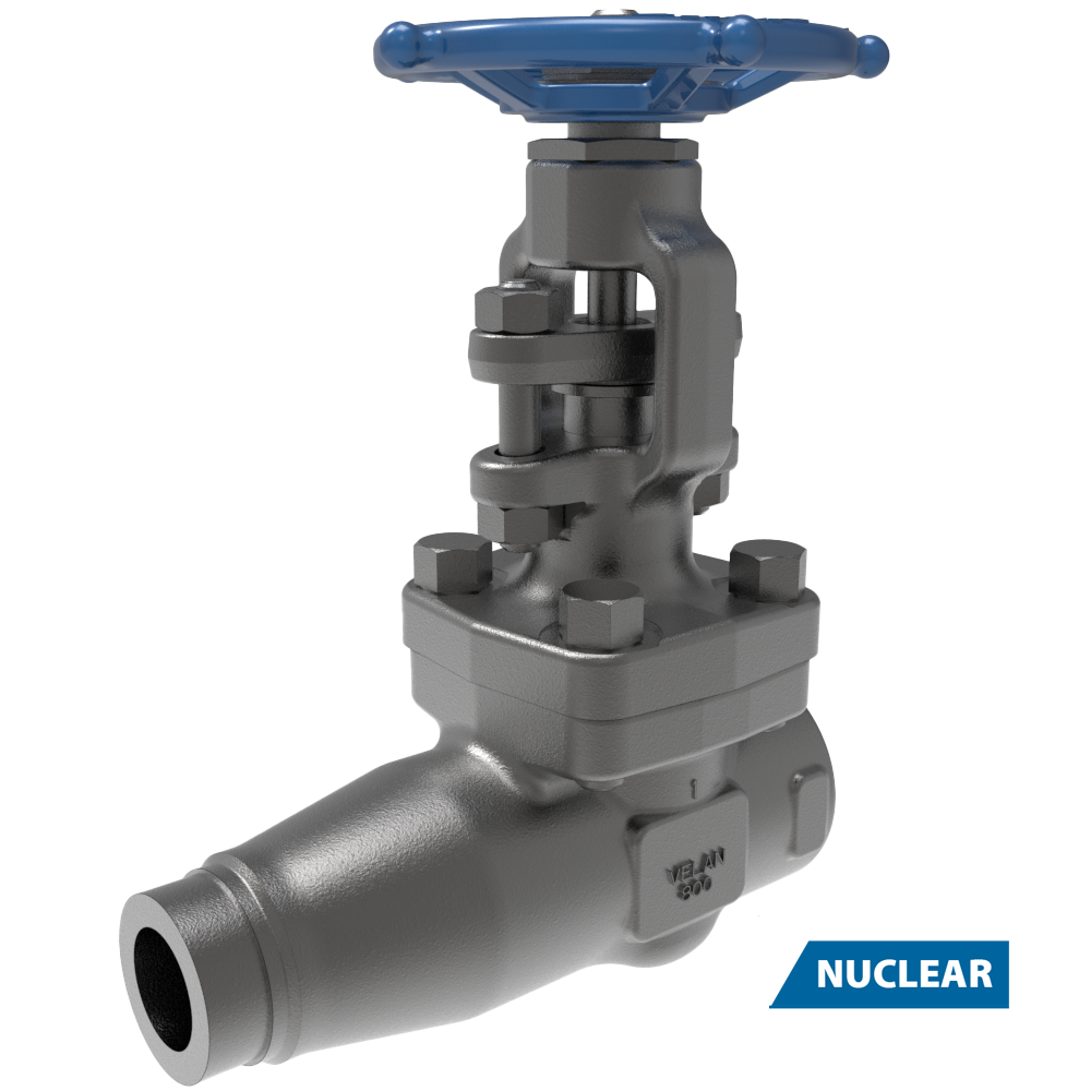 A metallic industrial valve with a blue handwheel, designed for nuclear applications, is shown against a plain white background with a "NUCLEAR" label in the bottom right corner.