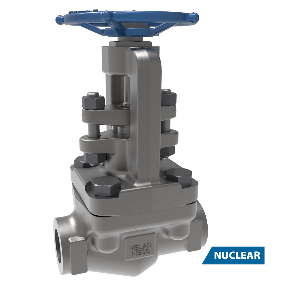 A metallic industrial gate valve with a blue handwheel, labeled "VELAN 1500" on the body, is shown against a white background. A blue label reading "NUCLEAR" appears in the lower right corner.