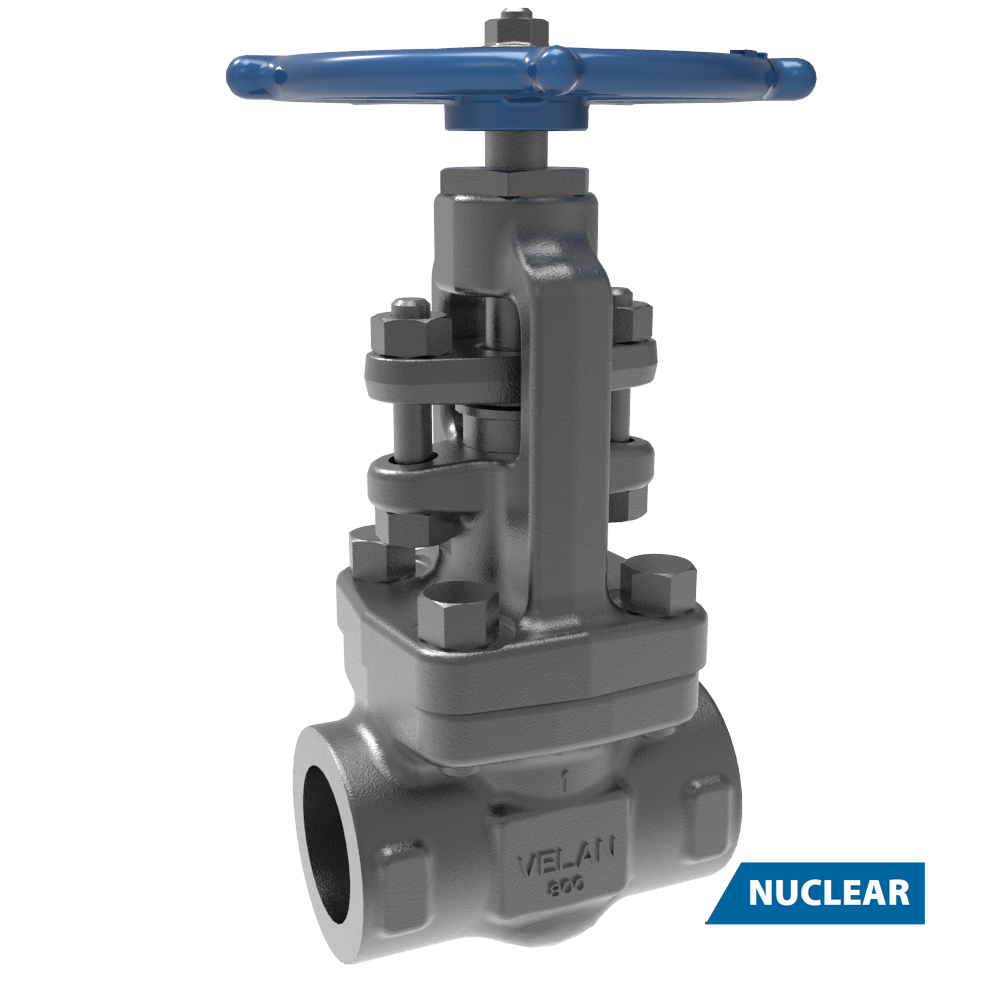 A metal industrial gate valve with a blue handwheel, labeled "VELAN 600" on the body. A blue tag in the corner reads "NUCLEAR," indicating its application in nuclear settings.
