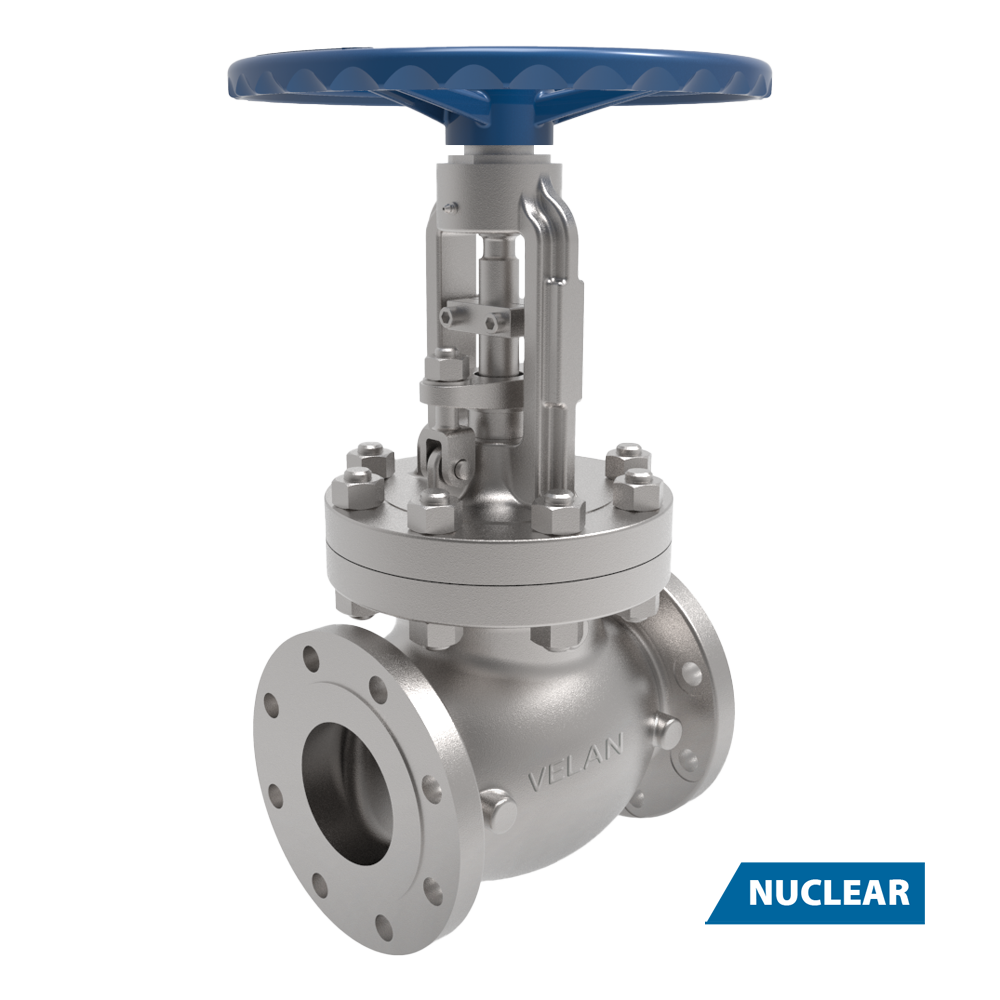 A metallic gate valve with a blue handwheel, visible bolts, and flanged ends, labeled "VELAN." The word "NUCLEAR" appears in a blue box at the bottom right corner.
