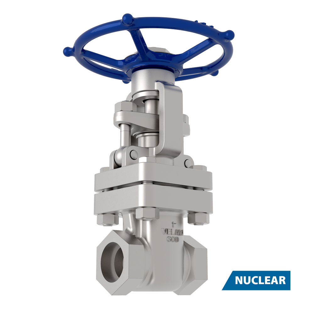 A stainless steel industrial gate valve with a blue handwheel, shown on a white background. A blue label in the corner reads "NUCLEAR," indicating suitability for nuclear applications.