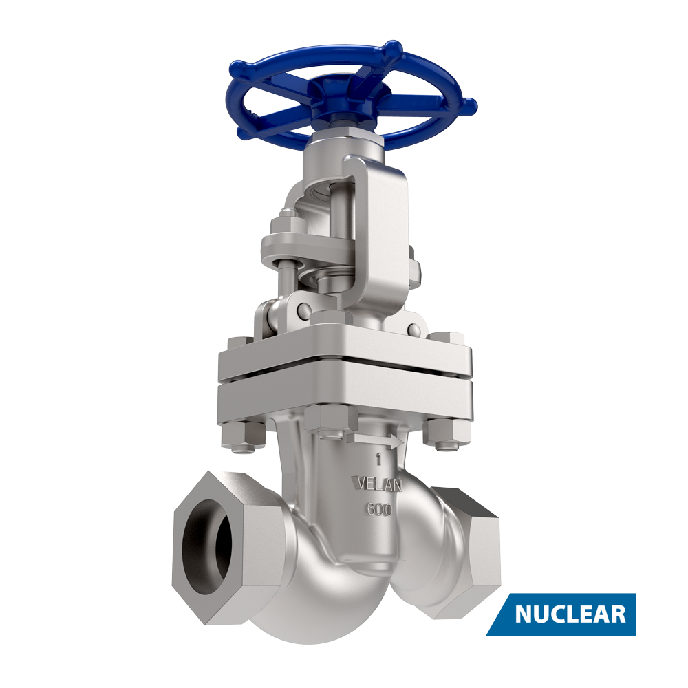 A metallic industrial gate valve with a blue handwheel and hexagonal ends, labeled "VELAN 600", positioned above a "NUCLEAR" sign on a light background.
