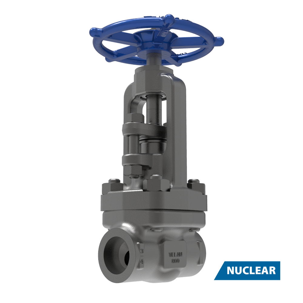 A metallic industrial gate valve with a blue handwheel, designed for nuclear applications, is shown against a white background. The word "NUCLEAR" appears in a blue box at the bottom right corner.