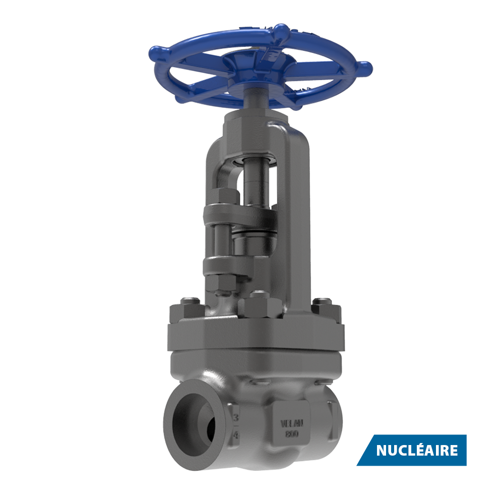 Vanne industrielle métallique avec volant bleu, étiquetée "VELAN 3500" sur le corps. La vanne est isolée sur un fond blanc avec une étiquette bleue "NUCLÉAIRE" dans le coin inférieur droit.