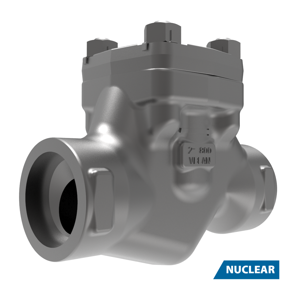 A metallic industrial check valve with a bolted cover, cylindrical inlets on both sides, and labeled "NUCLEAR" in a blue box at the bottom right corner.