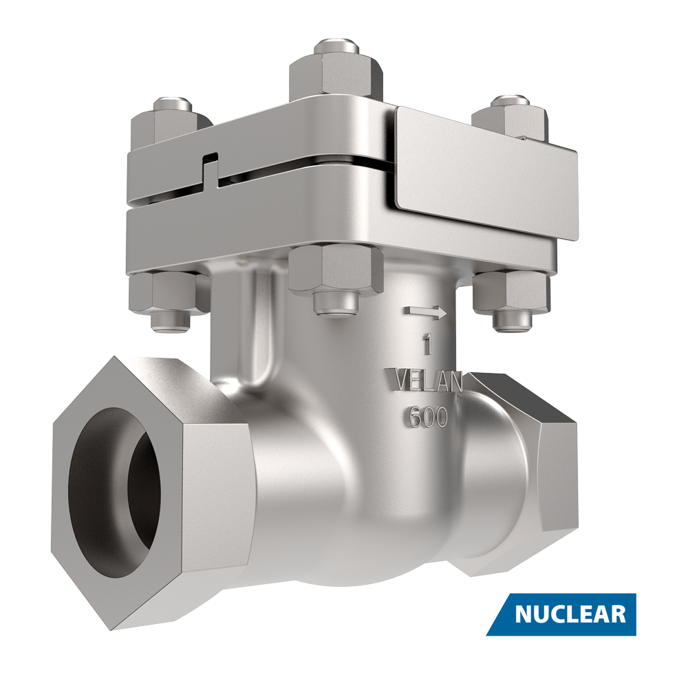 A metallic industrial valve with hexagonal inlet and outlet ports, labeled "VELAN 600," featuring bolts on top. The word "NUCLEAR" appears in a blue banner at the bottom right.