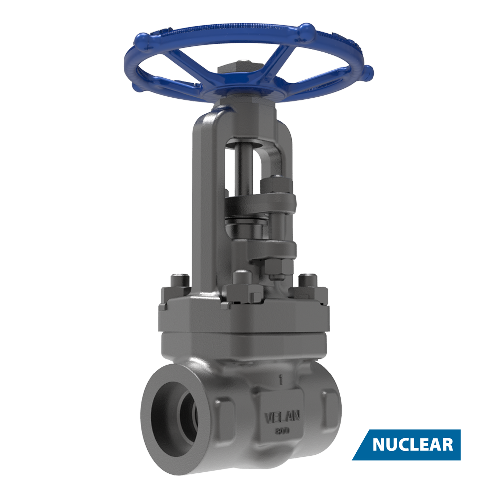 A metallic industrial gate valve with a blue handwheel, labeled “VELAN” at the base, is shown on a white background with a “NUCLEAR” label in the bottom right corner.