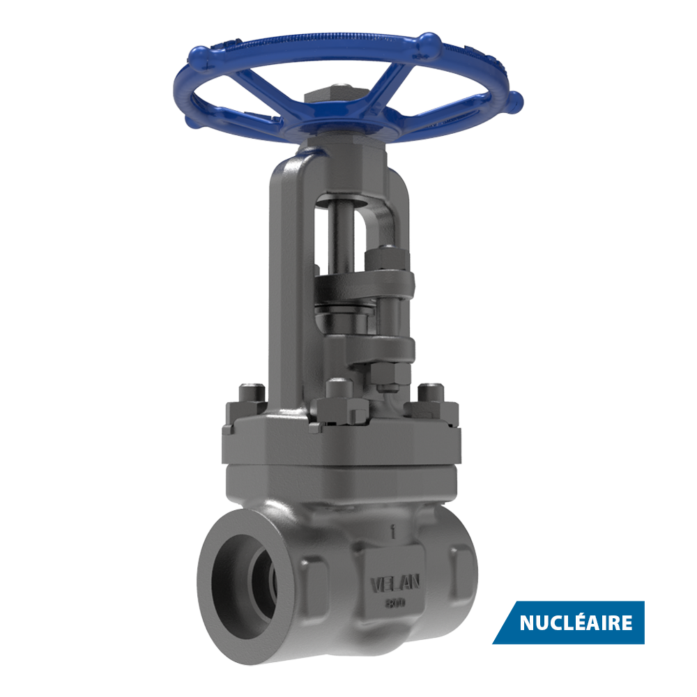 Robinet-vanne industriel en métal avec un volant bleu, étiqueté "VELAN" sur le corps. Le fond est blanc et une étiquette bleue dans le coin inférieur droit indique "NUCLÉAIRE.