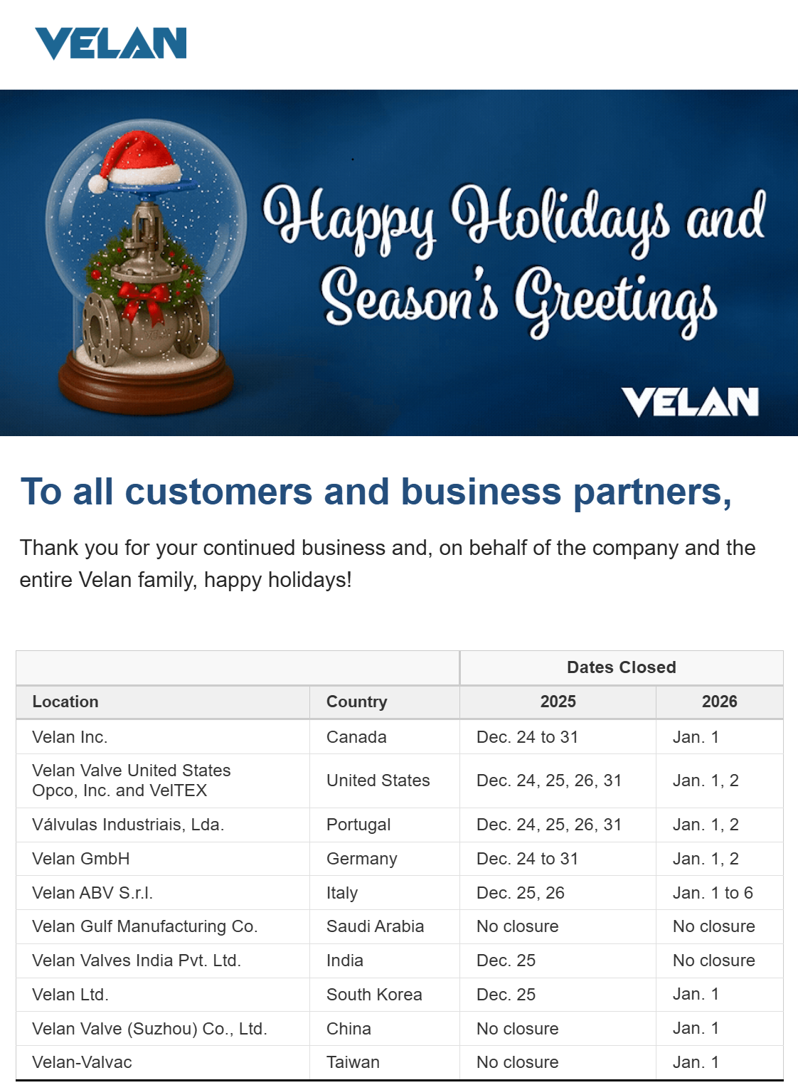 A holiday greeting card from Velan features a snow globe with a house and trees, "Happy Holidays and Season's Greetings" text, and a table listing Velan office holiday closures for 2025 and 2026.