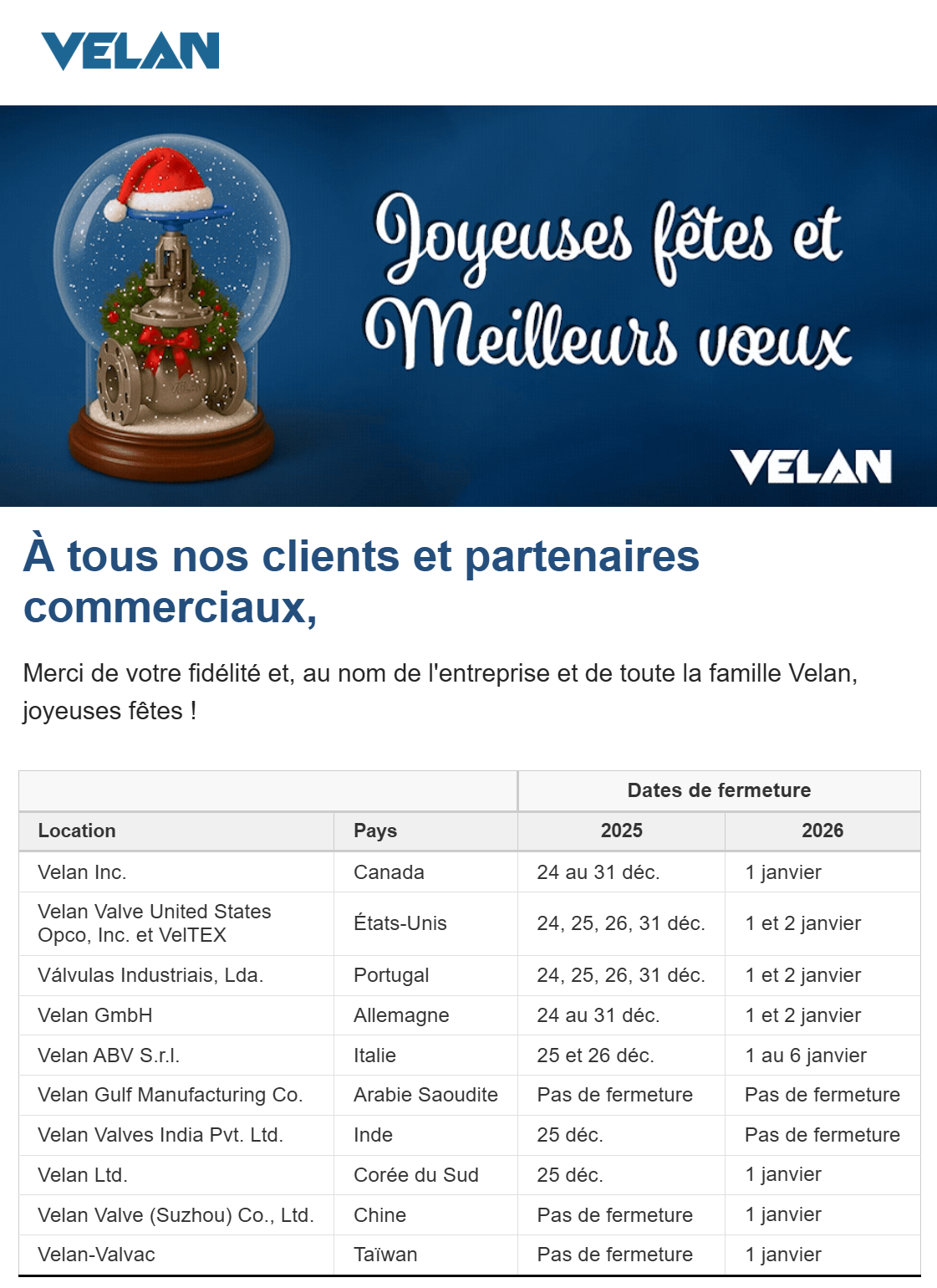 Une carte de vœux de Velan représentant une boule à neige, un texte en français et en anglais souhaitant de joyeuses fêtes et un tableau indiquant les dates de fermeture de Velan en 2026, par pays.