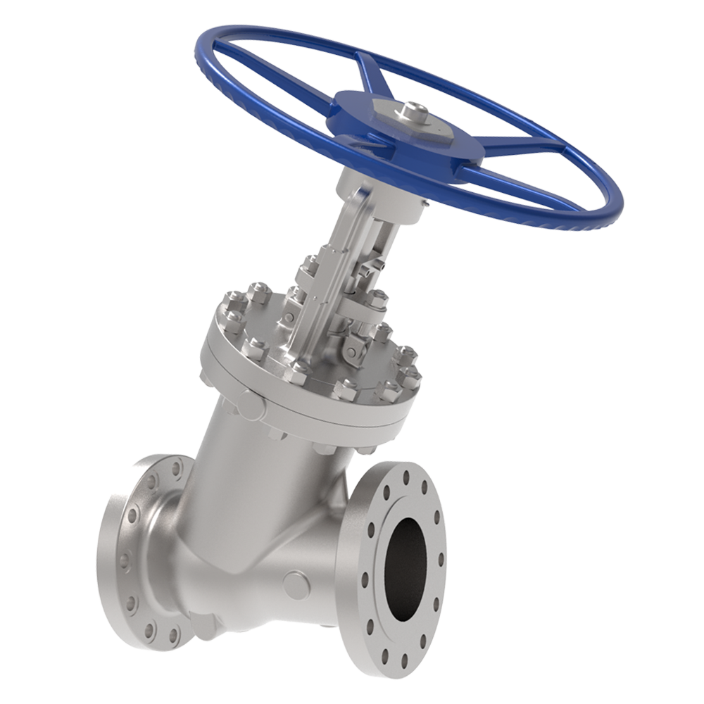 A silver industrial gate valve with a blue handwheel, flanged ends, and a rising stem, isolated on a white background.