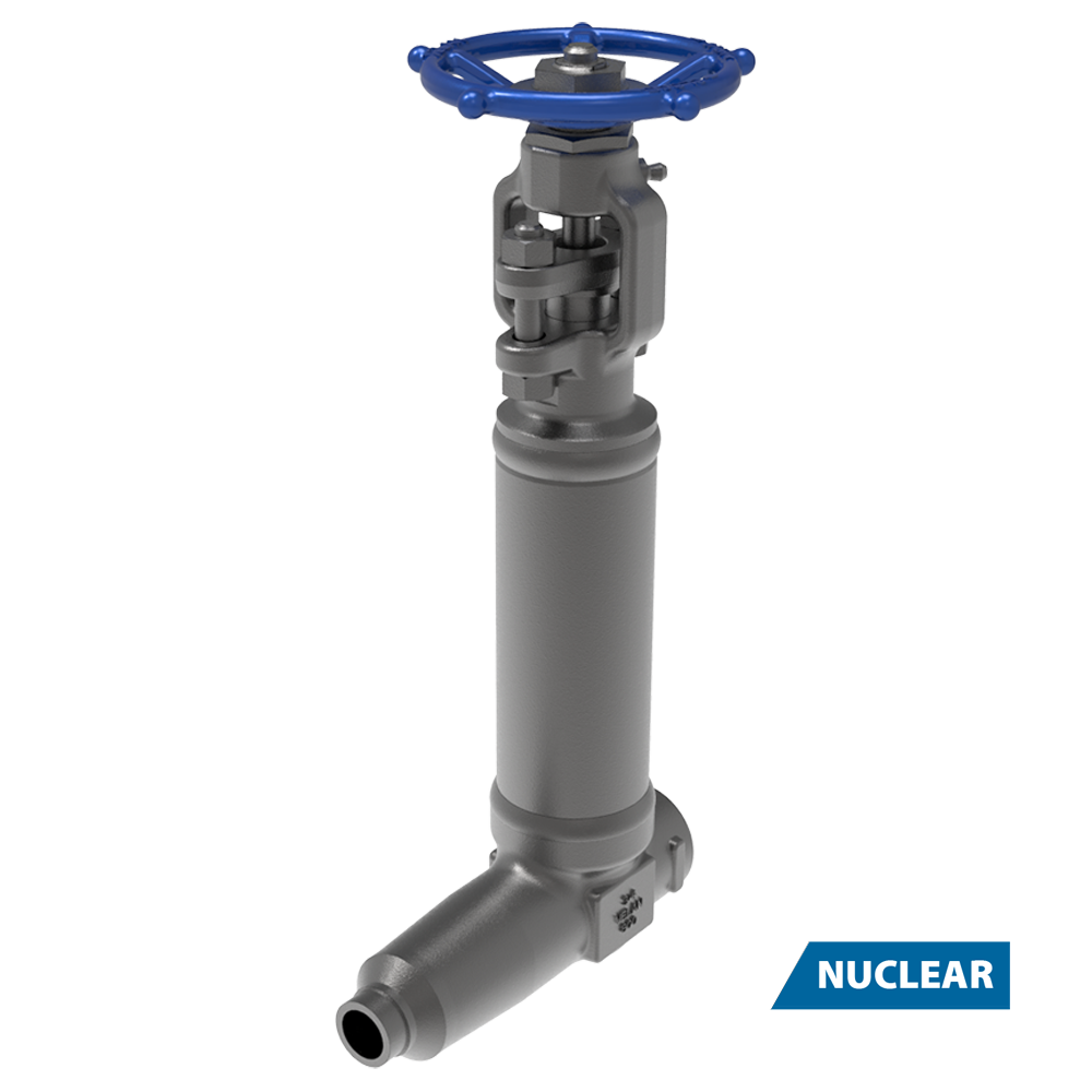 Industrial valve with a blue handwheel and cylindrical body, labeled "NUCLEAR" in the bottom right corner, on a light gray background.