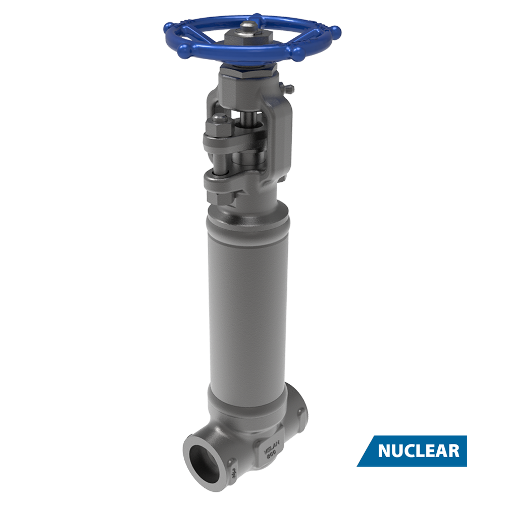 A metallic industrial valve with a blue handwheel, labeled "NUCLEAR" in the bottom right corner, isolated on a white background.