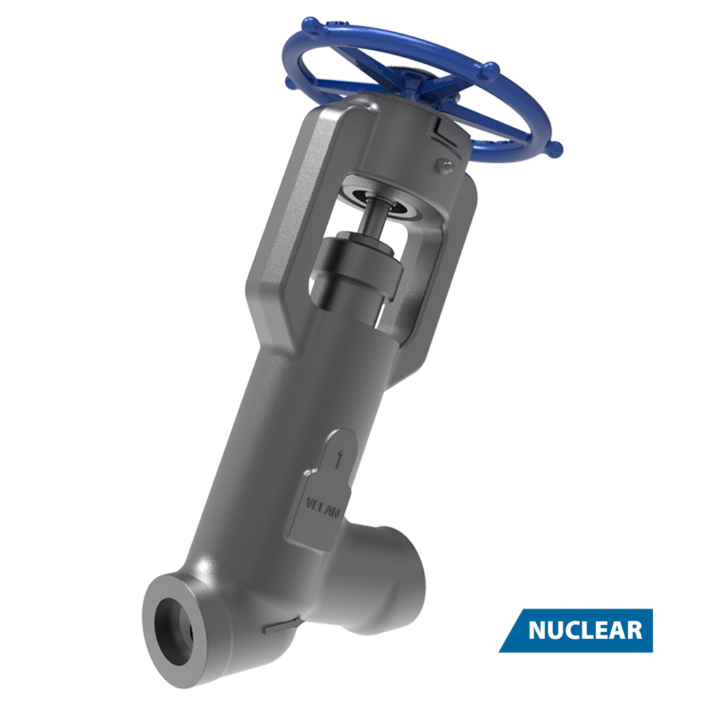 A metal industrial valve with a blue handwheel is displayed against a white background. A label in the corner reads "NUCLEAR," indicating its intended use in nuclear applications.