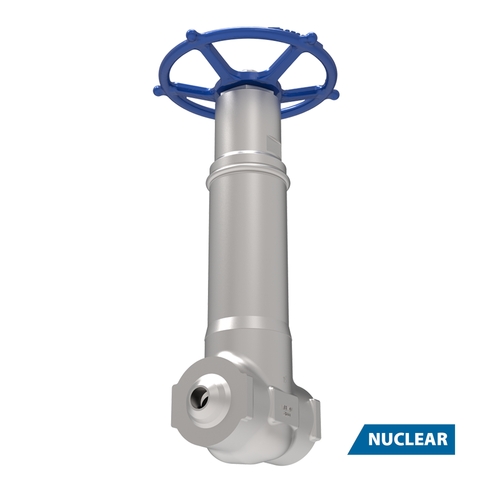 A metallic gate valve with a blue handwheel and cylindrical body, designed for industrial use. The word "NUCLEAR" appears in a blue box at the bottom right, indicating its application in nuclear settings.