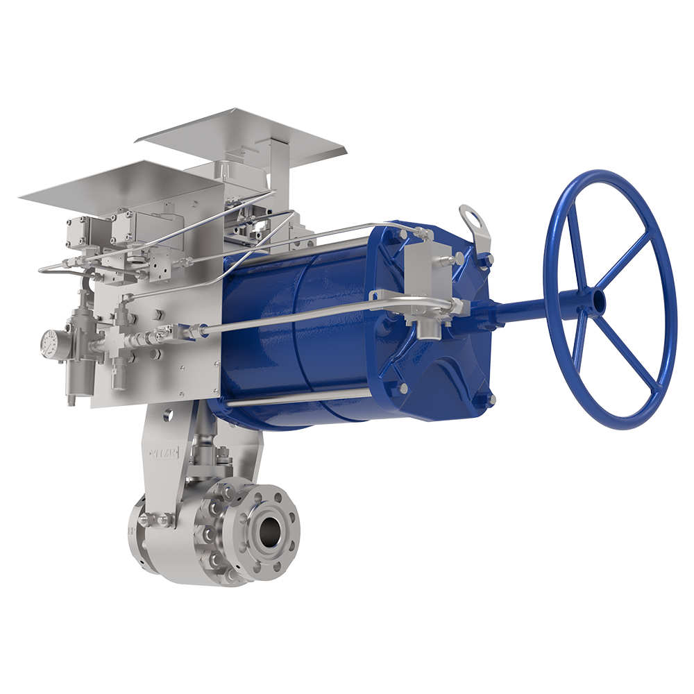 Vanne industrielle avec un grand actionneur bleu et un volant, reliée à un raccord de tuyauterie métallique. L'assemblage de la vanne comprend divers composants mécaniques et supports de montage, représentés sur un fond blanc uni.