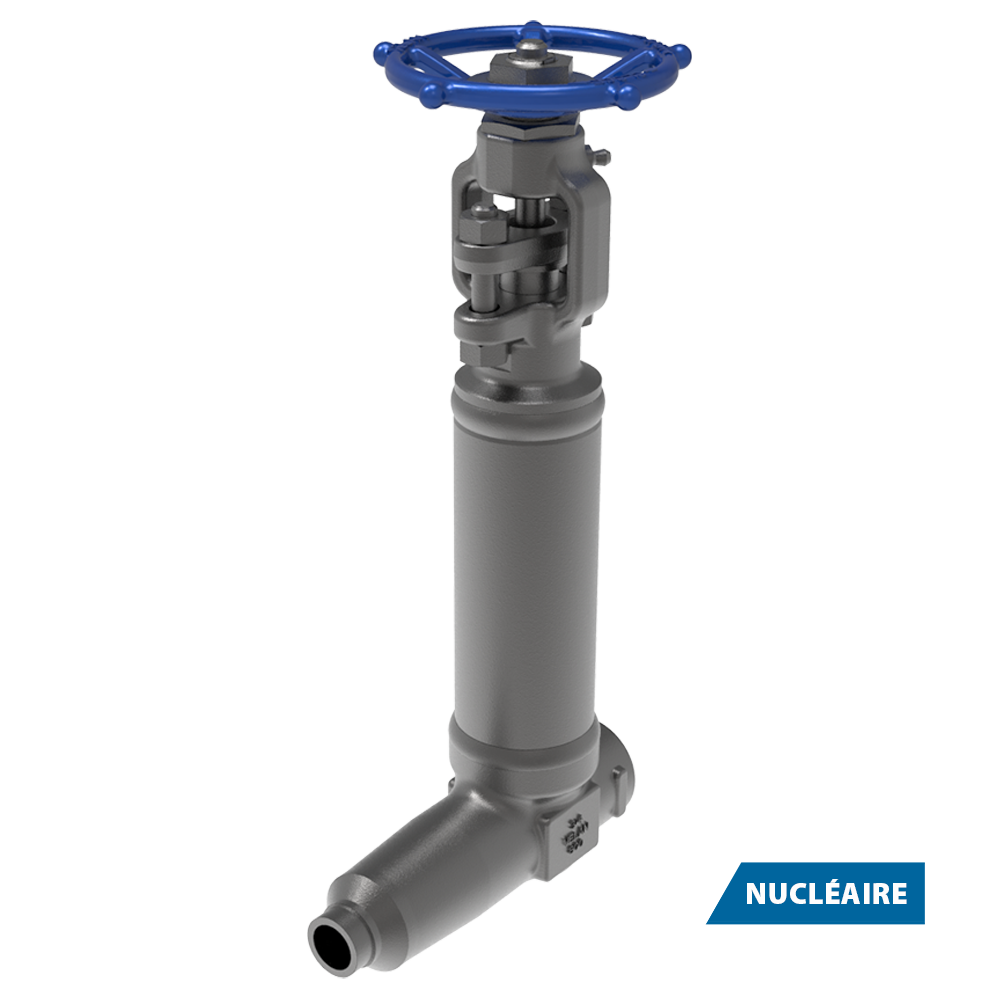 Vanne industrielle en métal avec un volant bleu sur le dessus, conçue pour contrôler le débit dans un pipeline. La vanne est étiquetée "NUCLÉAIRE" dans une boîte bleue, ce qui indique qu'elle est utilisée dans des applications nucléaires.