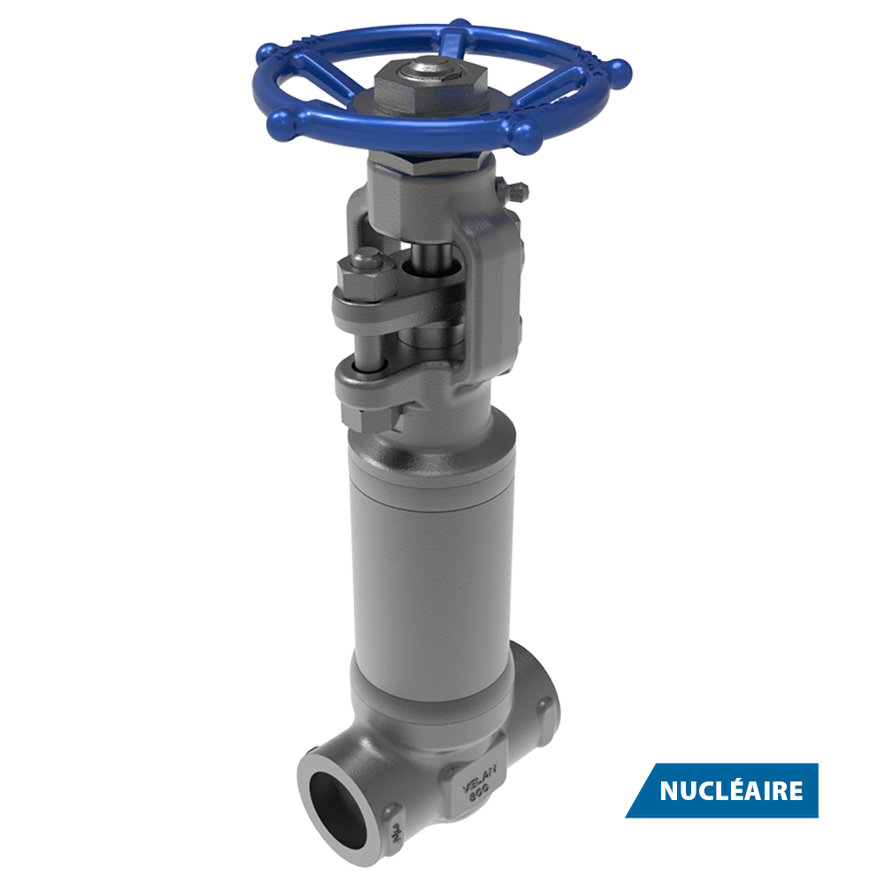 Un robinet-vanne métallique avec un volant bleu, conçu pour un usage industriel. Le robinet est positionné à la verticale et une étiquette indique "NUCLÉAIRE", ce qui signifie qu'il convient aux applications nucléaires.