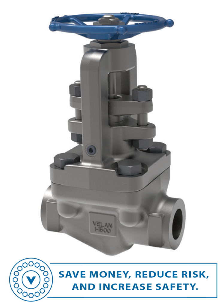 A metallic industrial gate valve with a blue handwheel handle, labeled "VELAN 1500." Below the valve is a badge icon and the text: "Save money, reduce risk, and increase safety. 